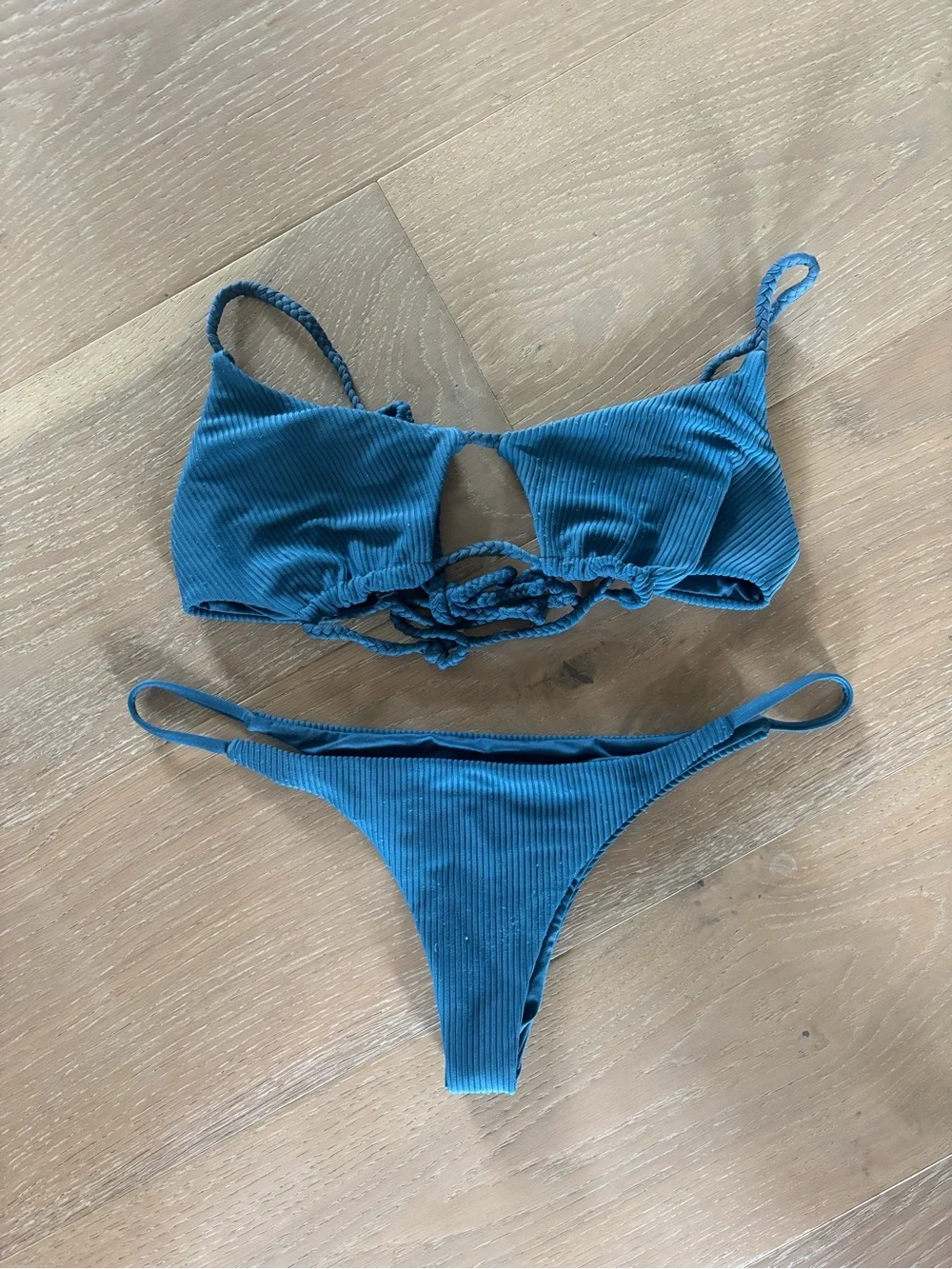 Frankie's Bikini Willa Top & Thong Bottom Set Deep Sea Blue Ribbed Swim Swimsuit